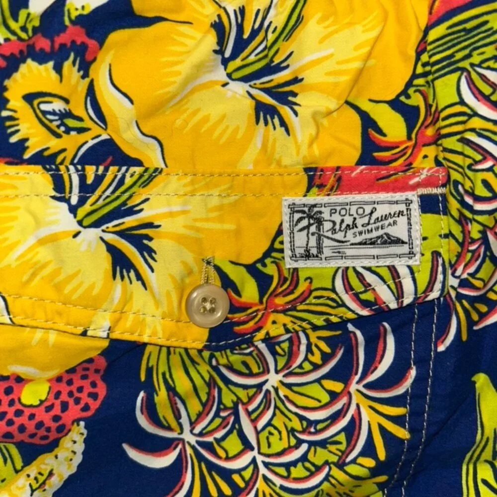 Polo Ralph Lauren bright yellow blue tropical plumeria flowers swimming trunksXL